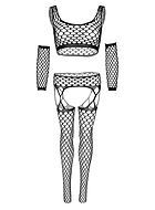 Revealing lingerie set, net, gloves, built-in garter belt strap
